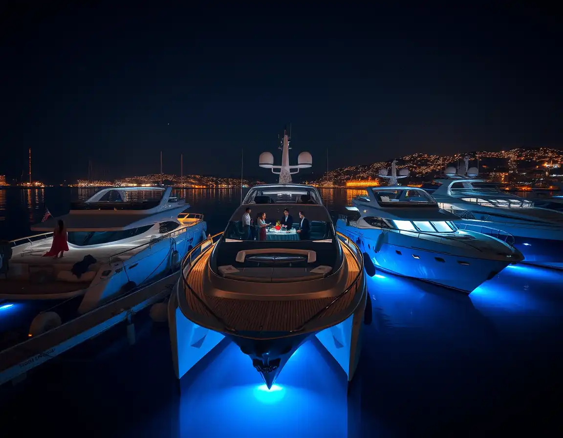 Evening on deck after sunset, marina lights in the distance